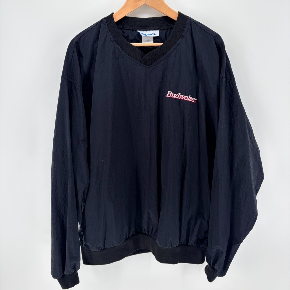 Vintage Budweiser Pullover Jacket Made USA Black Nylon V Neck Embroidered L